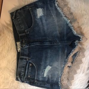 Free People high waisted denim and crochet shorts