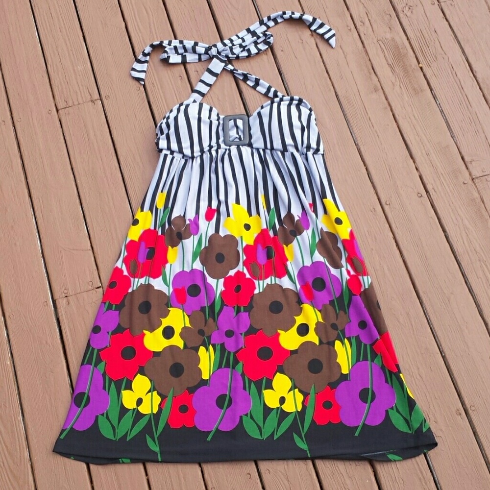 Halter mini dress floral and stripes