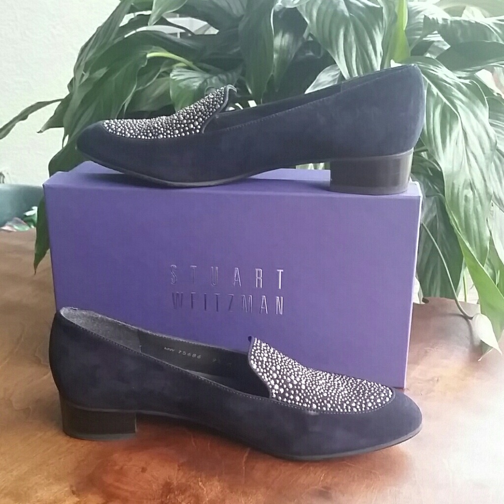 Stuart Weitzman Embellished Navy Suede Loafers