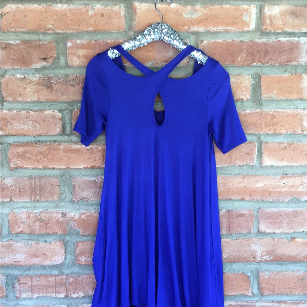 T shirt dress. Royal blue criss cross back