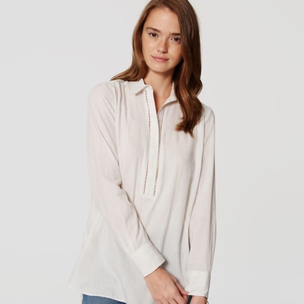 LOFT Petite Ladder Lace Collared Tunic Blouse