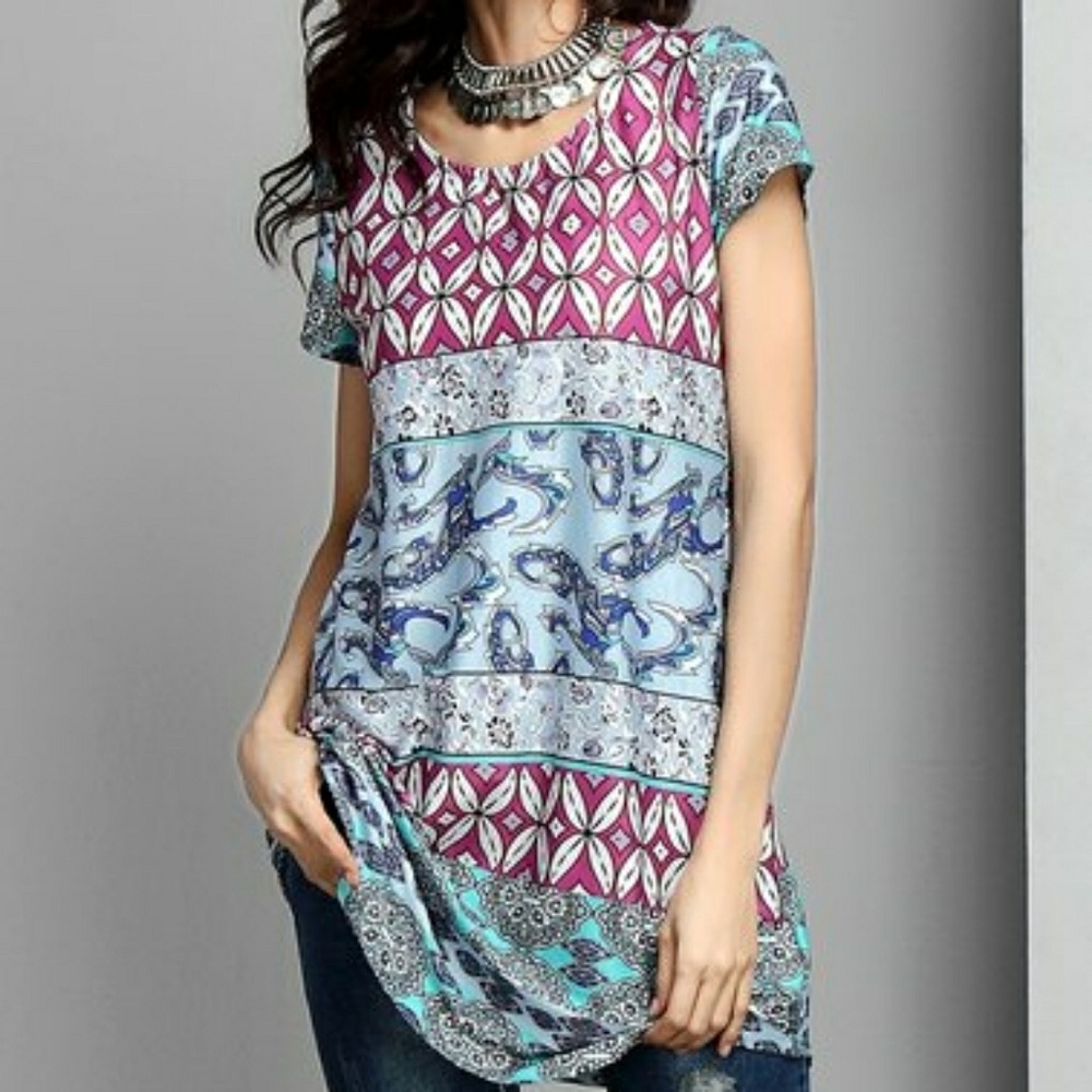 NWT Reborn Blue & Pink Abstract Boyfriend Tunic XL