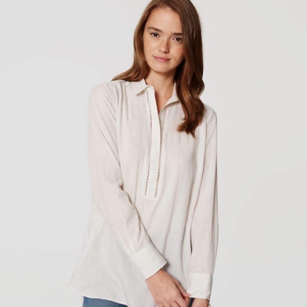 LOFT Petite Ladder Lace Collared Tunic Blouse