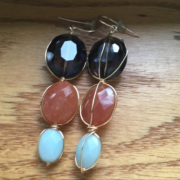 Sarah Briggs 3 Stone wire Drop Earrings- Real gems - Picture 2 of 5