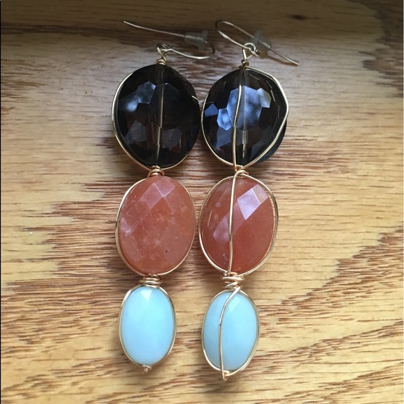 Sarah Briggs 3 Stone wire Drop Earrings- Real gems - Picture 4 of 5