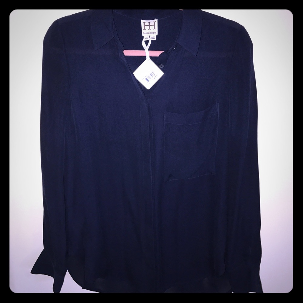 Haute Hippie 100% silk navy blue button