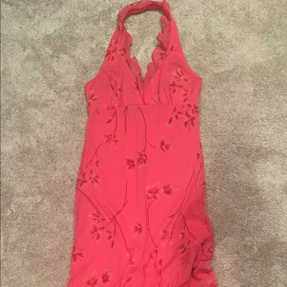 High/low dress - halter / open back. Coral