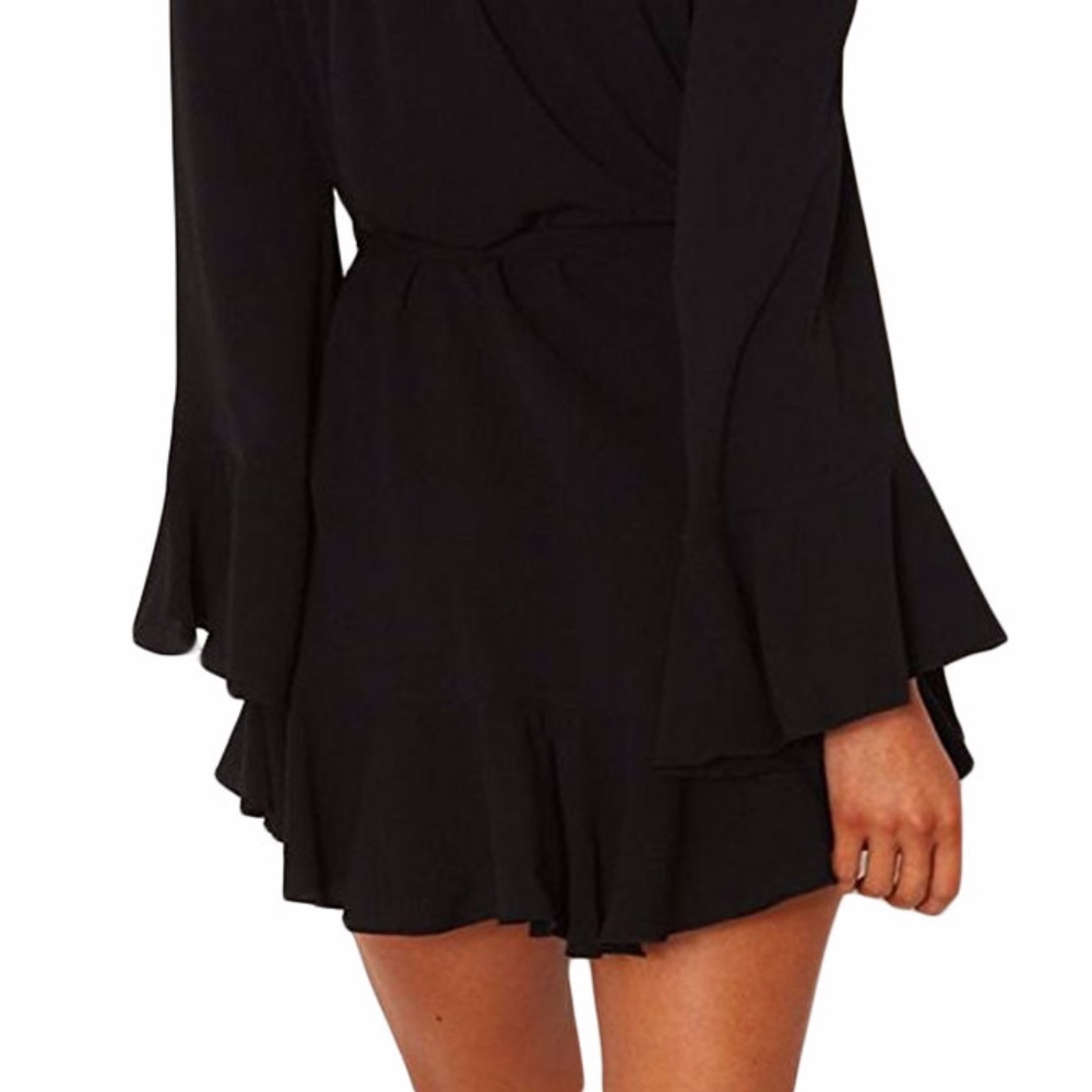 Black Flare Sleeve Drop Off Shoulder Dress - Picture 3 of 6