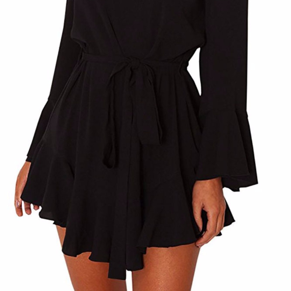 Black Flare Sleeve Drop Off Shoulder Dress - Picture 4 of 6