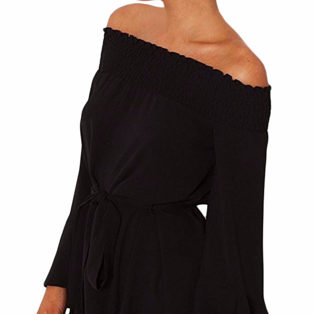 Black Flare Sleeve Drop Off Shoulder Dress - Picture 5 of 6