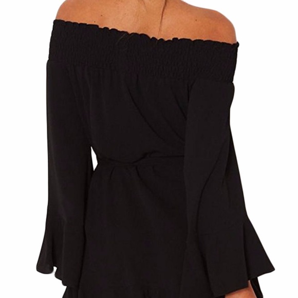 Black Flare Sleeve Drop Off Shoulder Dress - Picture 6 of 6