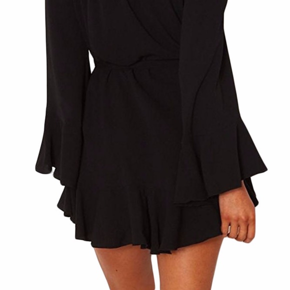 Black Flare Sleeve Drop Off Shoulder Dress - Picture 3 of 6