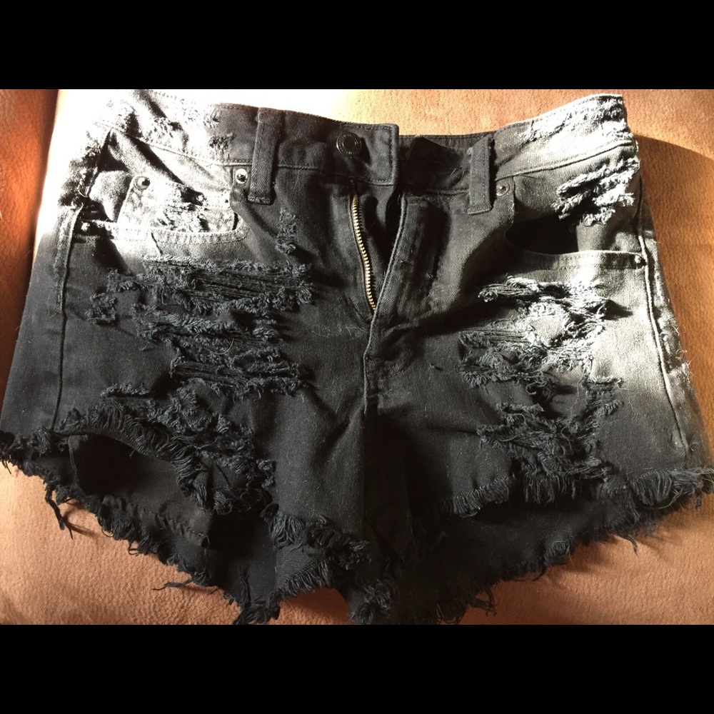 Black distressed denim shorts