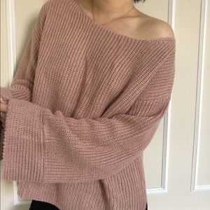 Muted pink off the shoulder bell sleeve sweater