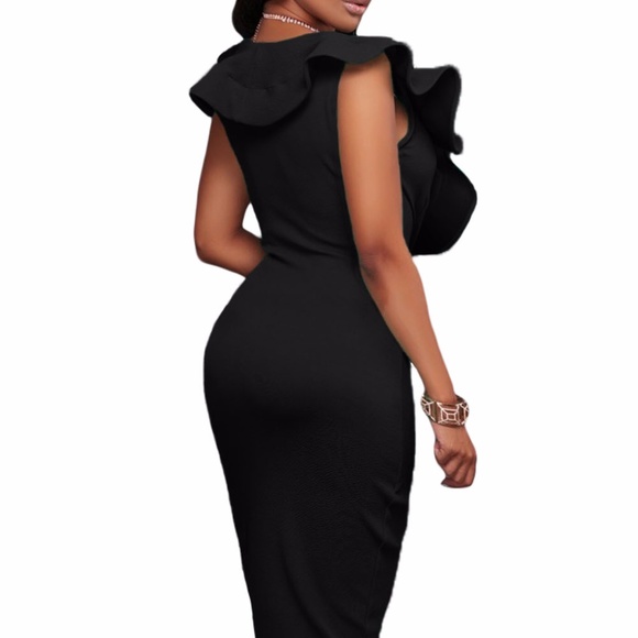 Black Ruffle V Neck Midi Dress - Picture 4 of 8
