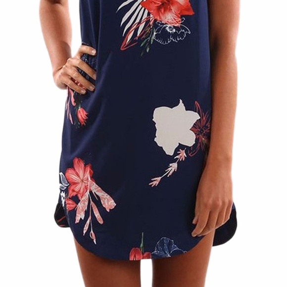 Blooming Red Flower Print Navy Sleeveless Dress - Picture 4 of 6