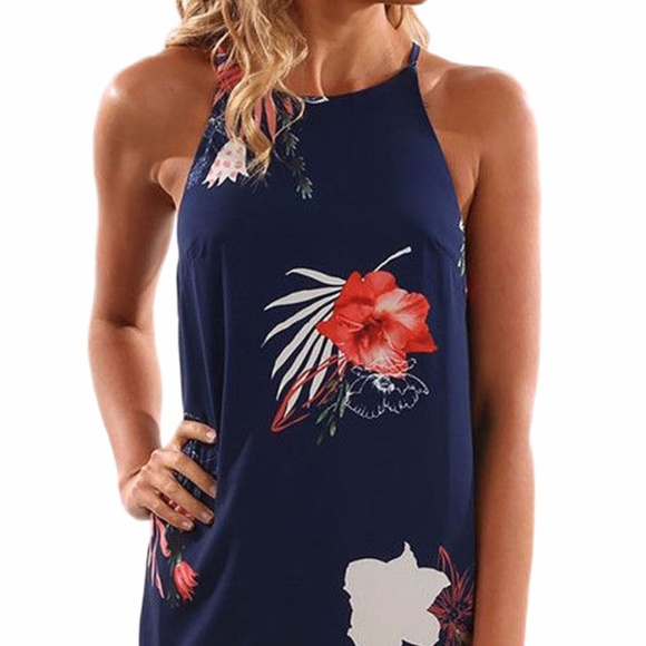 Blooming Red Flower Print Navy Sleeveless Dress - Picture 3 of 6