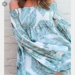 Olivaceous palm print bell sleeve smocked dress