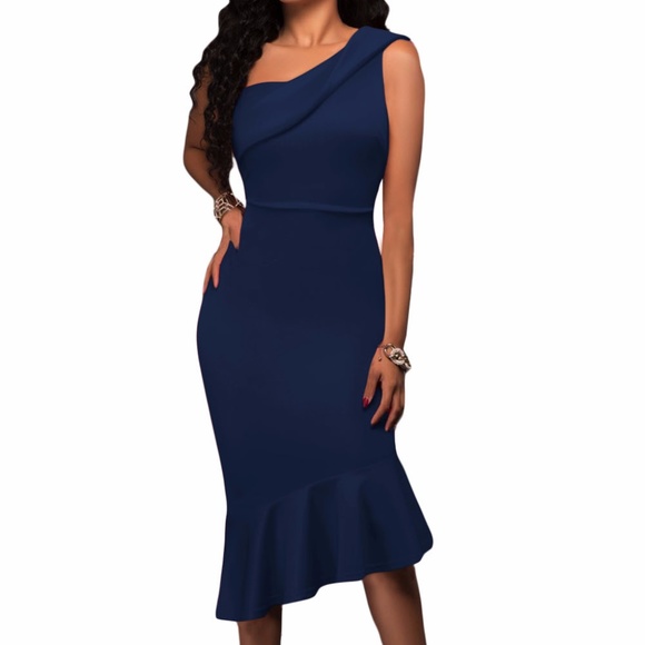 Royal Blue Single Shoulder Ruffle Party Dress - Picture 3 of 6