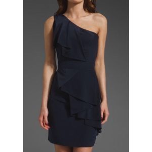 Navy Shoshanna Sadie Dress, One Shoulder, Ruffle
