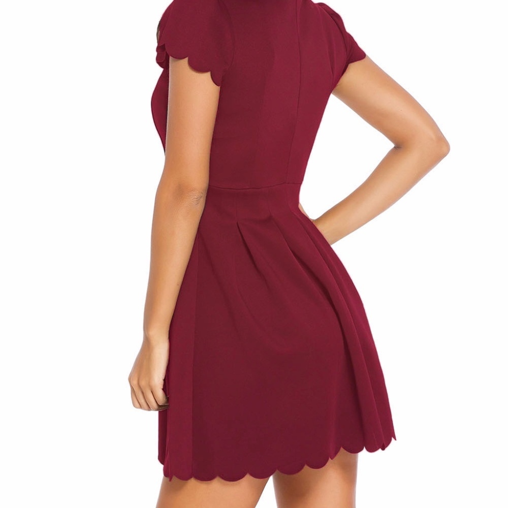 Burgundy Sweet Scallop Pleated Skater Dress - Picture 6 of 6