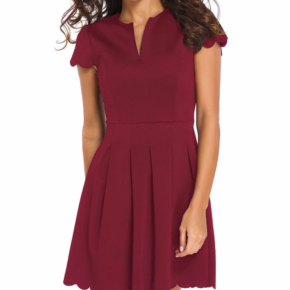 Burgundy Sweet Scallop Pleated Skater Dress - Picture 3 of 6