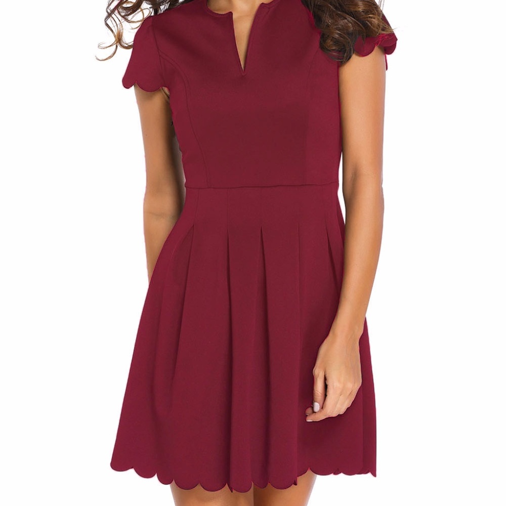 Burgundy Sweet Scallop Pleated Skater Dress - Picture 4 of 6