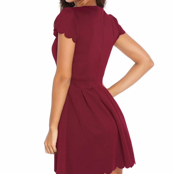 Burgundy Sweet Scallop Pleated Skater Dress - Picture 5 of 6