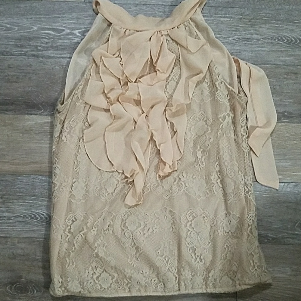 Ruffle and lace tie neck shirt