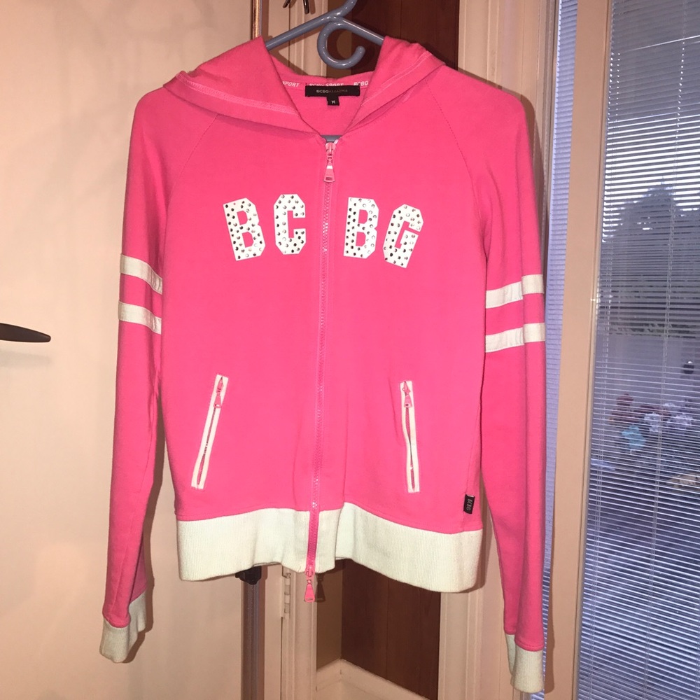 BCBG Maxazria Hooded Zip Up Sweater Pink Baby Blue
