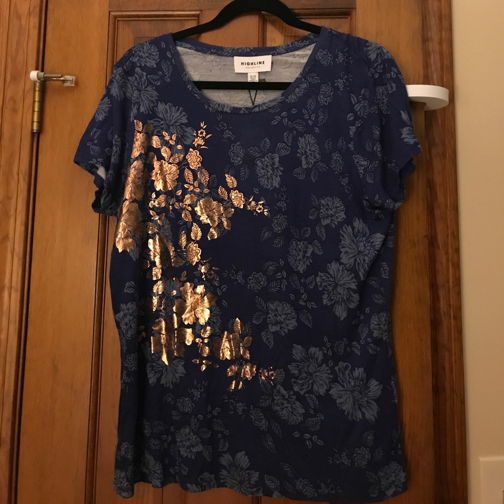 Navy floral shirt with metallic floral detail