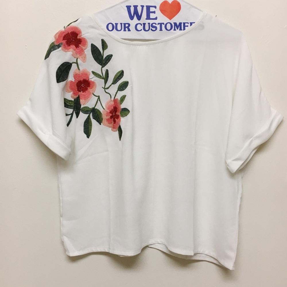 White Embroidered Blouse with Cuffed Sleeves