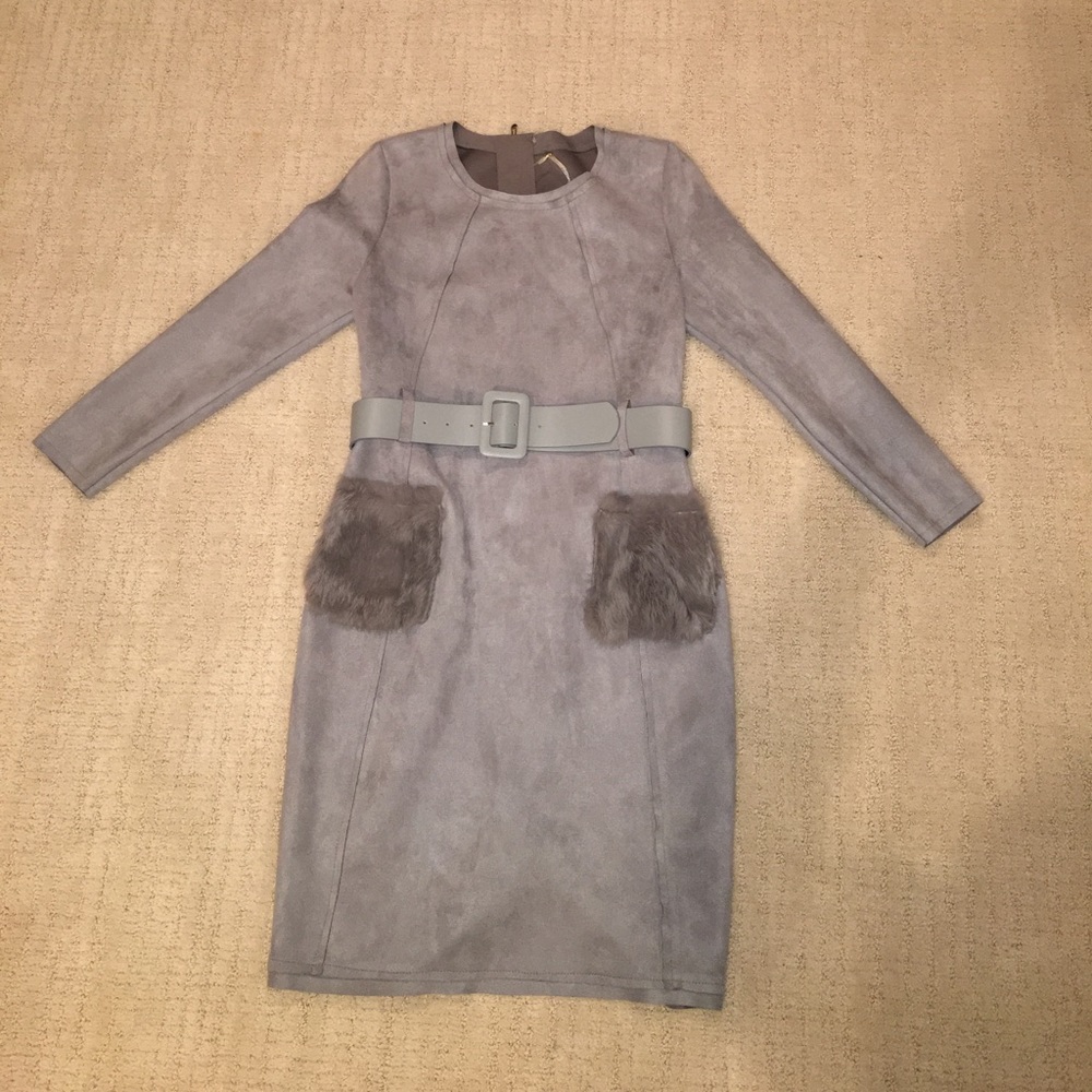 Faux Suede Dress with Authentic Fur pockets