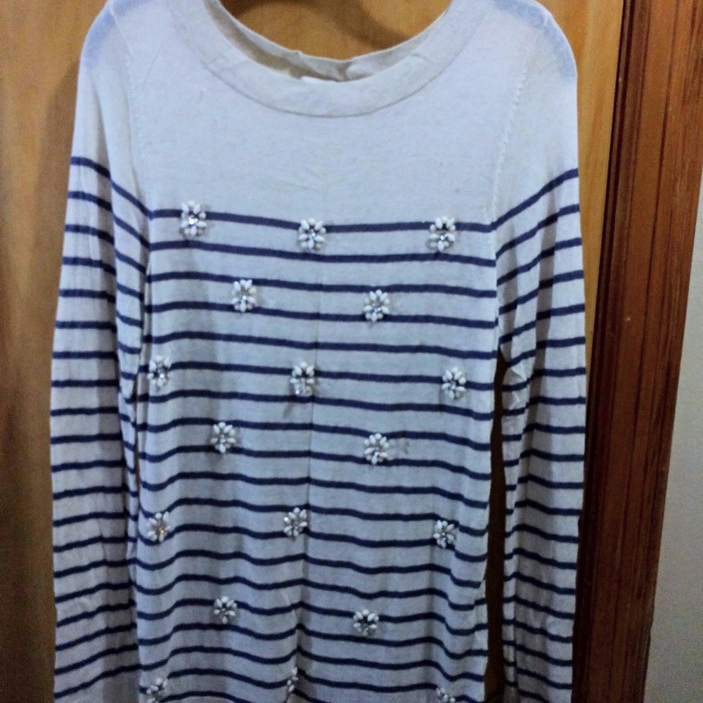 Long Sleeve Striped Sweater with Flower Beading