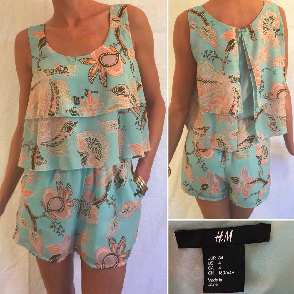 H&M Romper Teal with Floral Pattern Pockets Size 4