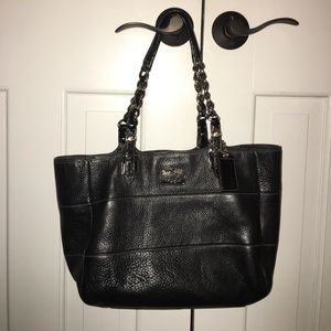 Black leather coach tote bag.