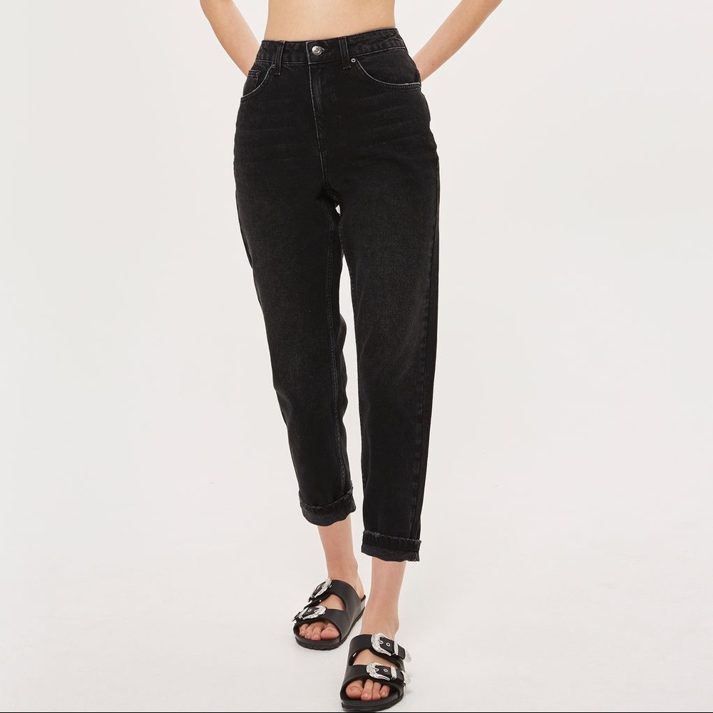 Topshop moto petite washed black mom jeans