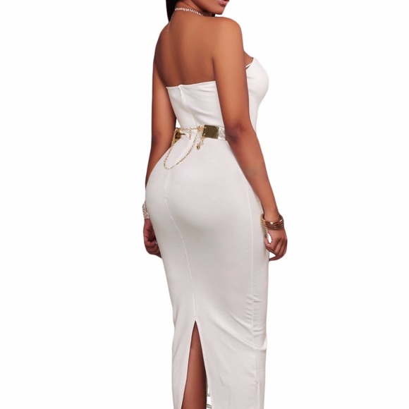 White Sexy Strapless V-neck Side Slits Tube Midi D - Picture 6 of 7