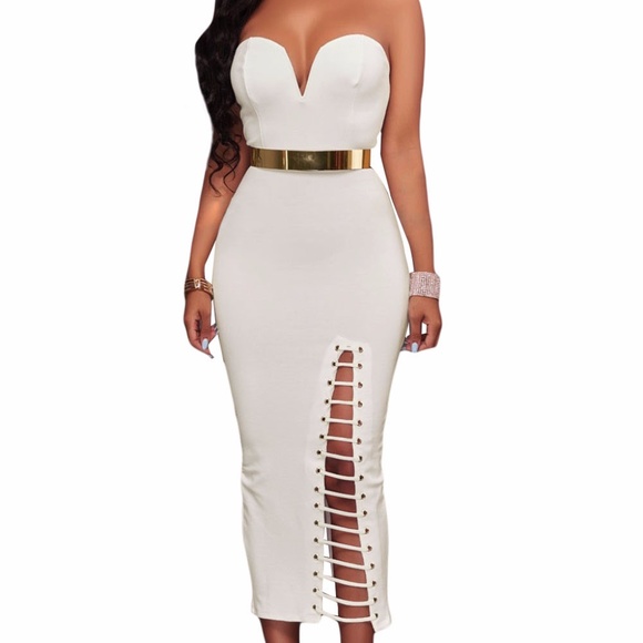 White Sexy Strapless V-neck Side Slits Tube Midi D - Picture 4 of 7