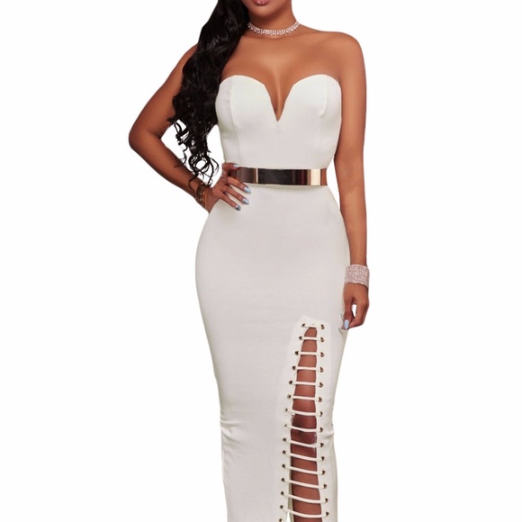 White Sexy Strapless V-neck Side Slits Tube Midi D - Picture 3 of 7
