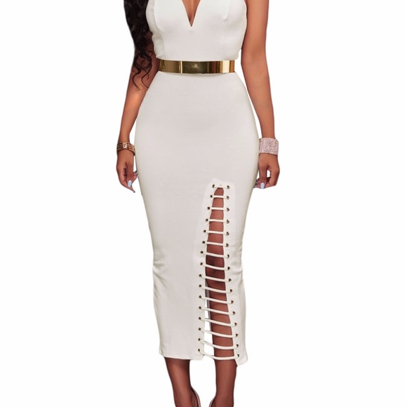 White Sexy Strapless V-neck Side Slits Tube Midi D - Picture 5 of 7