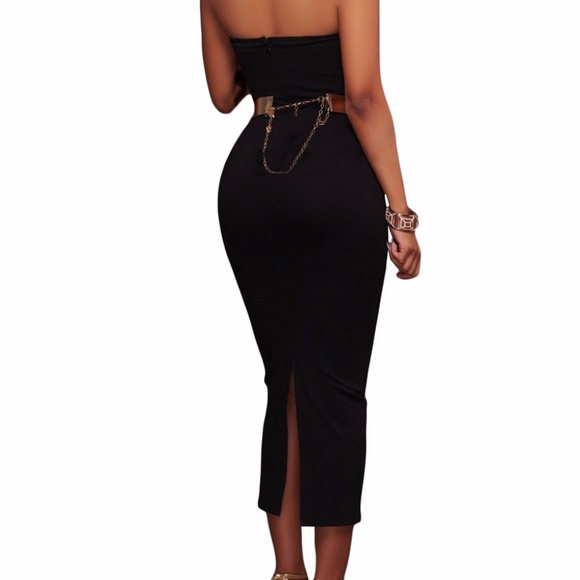 Black Sexy Strapless V-neck Side Slits Tube Midi - Picture 7 of 7