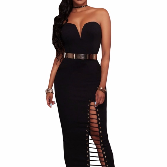Black Sexy Strapless V-neck Side Slits Tube Midi - Picture 3 of 7