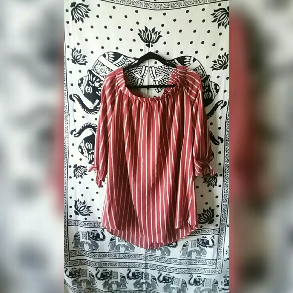 Off-the-shoulder red and white pin-stripped dress