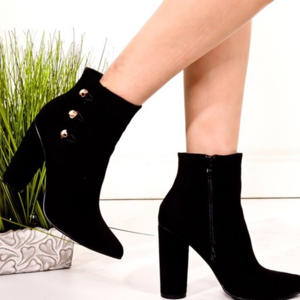 Black Vegan Suede Gold Button Ankle Boots Boutique - Picture 5 of 6