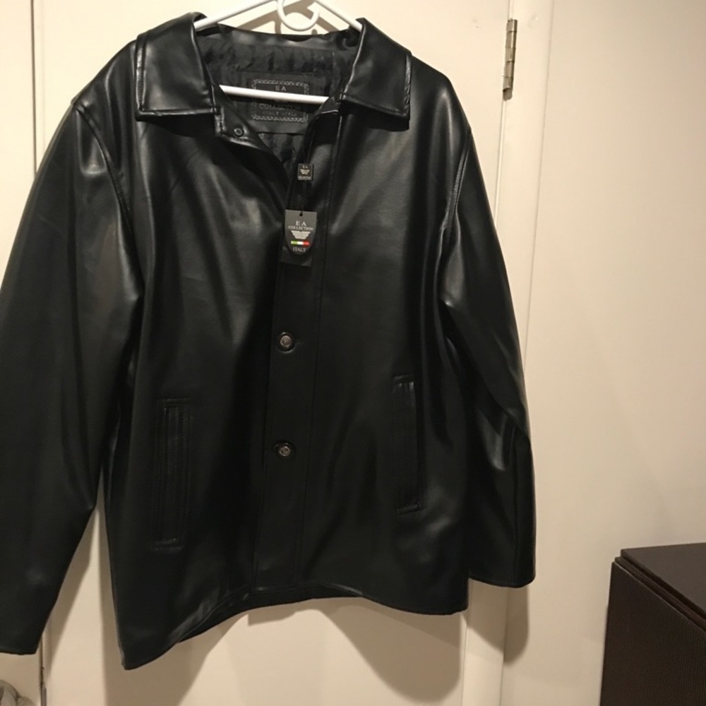 Black leather jacket with tags.