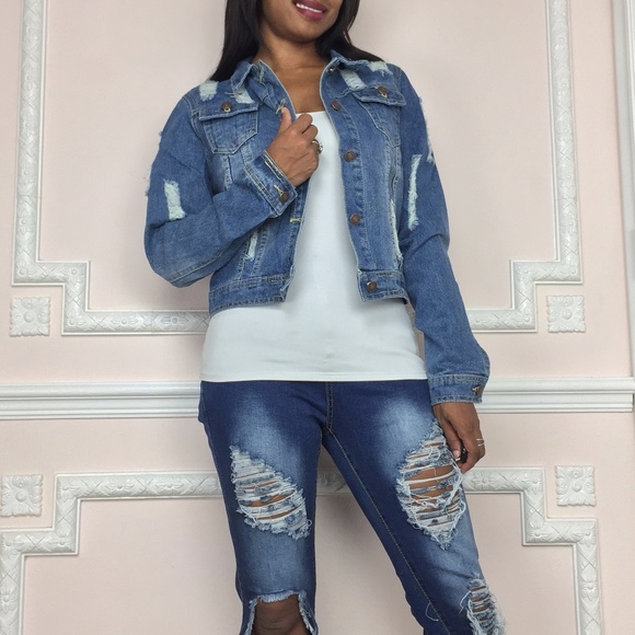 Cute Distressed Denim jean jacket coat - Picture 2 of 7