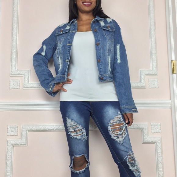 Cute Distressed Denim jean jacket coat - Picture 7 of 7