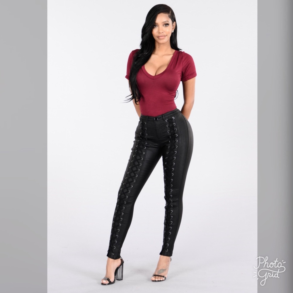 Lace up pleather pants