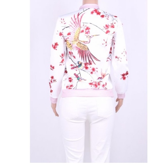 White Phoenix cherry blossom zip up bomber jacket - Picture 3 of 5
